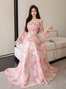 Modelyn Women's Chiffon Ditsy Floral Draped Neck Waist Fit & Flare Casual Holiday Dress Fall Cloth For Women