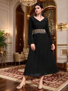 Al Najma Women's Solid Color Patchwork Long Sleeve Simple Casual Long Arabian Dress