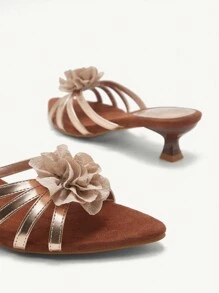 CUCCOO CHICEST Women Pointed Toe Criss-Cross Strap Champagne Rose Flower Sexy Open Toe Outdoor Stilettos High Heel Sandals - Champagne - View 6