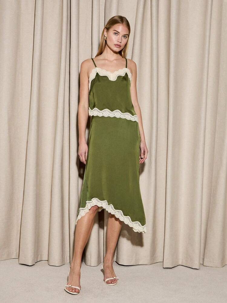 Elegant Satin Asymmetrical Lace Trim Two-Piece Set