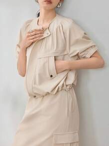 Dazy-Less 2 件套女士宽松休闲实用风格大口袋花卉荷叶边设计套装夏季复古风格商务休闲女装、教师装 - 杏色 - 查看 4