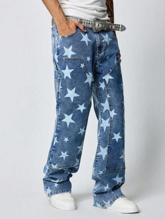 Anime Jeans rectos casuales de hombre con parche estampado de estrellas y bolsillos