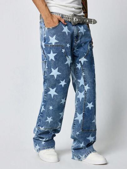 Anime بنطلون جينز رجالي مستقيم الساق مع جيوب الرقعة و طباعة النجوم