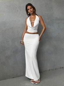 Aloruh Women's Sexy Halterneck Backless Top And Fitted Skirt 2 Pieces Set Valentine's Day Two Pieces Set Women Vacation Outfits Elegant Beach Outfits White Top Long Dress Sexy Party Beach Dress Bodycon Dress Boho White Outfits For Women Prom Dresses Rave Outfits Festival Concert Backless Old Money Style Wedding Guest Dress Summer Dress Vacation Rave Summer Sets - White - View 3