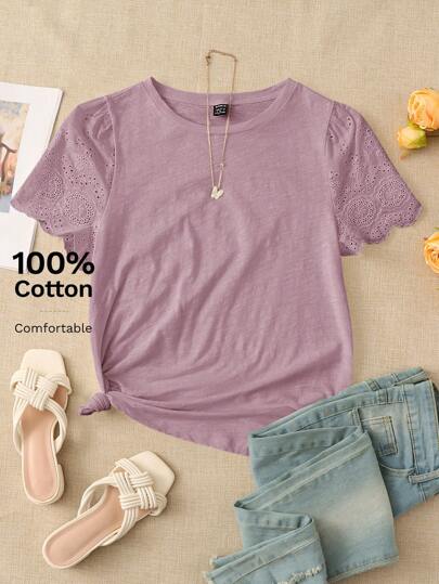 EMERY ROSE Women's Schiffy Sleeve Solid Color T-Shirt