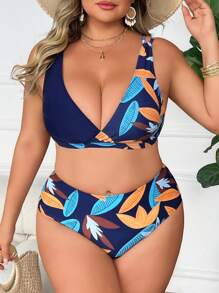 SHEIN CURVE+ Plus Size Women Summer Tropical Leaf Print Patchwork Bikini Set - Black - View 3