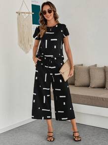 EMERY ROSE 2pcs Women's Round Neck Short Sleeve Printed Minimalist Top And Long Pants Set - Black - View 6