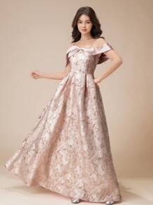 Teen Girls High-End Off Shoulder Spaghetti Strap Jacquard Patchwork Glossy Bow A-Line Long Dress, Flower Girl Ball Gown Pageant Formal Party - Pink - View 5