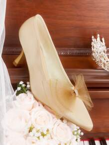 CUCCOO HITCHD 时尚优雅的金色蝴蝶结细高跟鞋，适合新年、情人节、新娘、派对、婚礼、约会、度假等场合春季鞋春假复活节舞会高跟鞋 - 芥末黃 - 查看 7