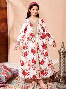 Tween Girls Abaya Kaftan Jalabiya 束腰外衣斋月当地传统保守服装，金色带领花朵宽松度假印花连衣裙 - 彩色 - 查看 3