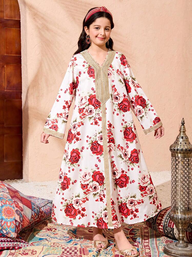 Áo choàng dài Jalabiya Abaya cho bé gái tuổi teen Quần áo truyền thống địa phương bảo thủ Ramadan, Váy in họa tiết hoa cổ băng vàng rộng rãi - Nhiều màu - Xem 3