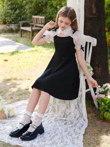 WESTFADE Young Tween Girls' Black Cinched Waist Hollow Mesh Puff Sleeve Bowknot Elegant Sweet Style Dressesholiday,Summer,Travel,Getaway
