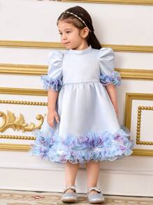 SHEIN 女婴立领短袖荷叶边缎面中长连衣裙 - 藍色 - 查看 6