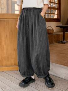 FRIFUL Women's Grey Striped Loose Cropped Pants, Spring Clothing - Grey - View 1