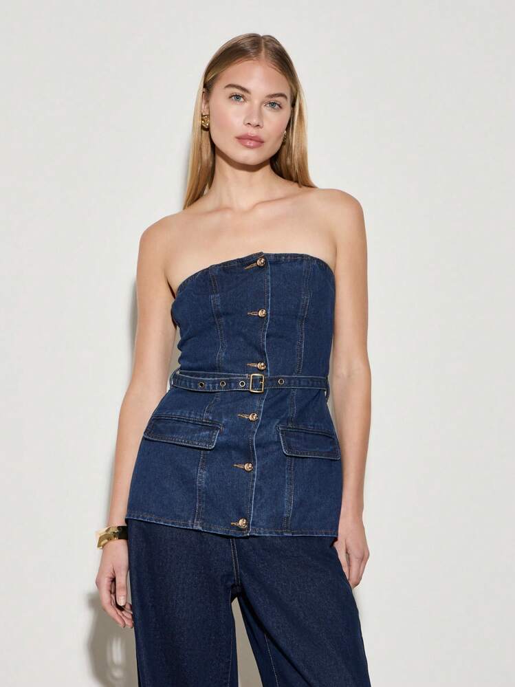 AiiRZ Designer Strapless Denim Bandeau Top With Button Front Detail And Adjustable Belt Y2K Style Corset-Inspired Summer Fashion Streetwear Festival - Blue - View 1