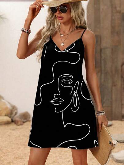 SHEIN LUNE Women's Casual Portrait Printed Mini Dress, Suitable For Autumn/Winter Suitable For Going Out Chic Dress
