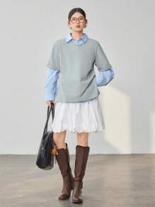Dazy-Less 女士 A 字高腰纯色不对称碎花半身裙，休闲办公室装，复古风格商务休闲女装 - 白色 - 查看 2