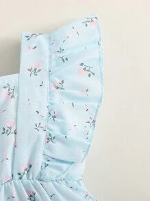 SHEIN 1 件装男婴盖袖方领碎花荷叶边裙，度假和日常穿着甜美公主风格高腰休闲连衣裙搭配凉鞋，夏季新品 - 藍色 - 查看 3