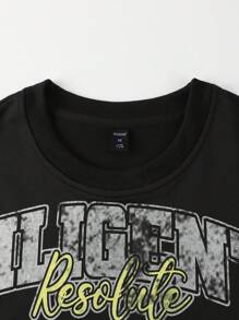 ROMWE MEN Street Life Men's Colorblock Letter Print Short Sleeve T-Shirt, Boxy Fit - Black - View 3