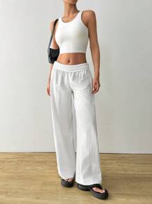 SHEIN EZwear 女士纯色腰部褶皱直筒休闲裤 - 白色 - 查看 5