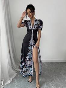 Elenzga Women's 2025 New Elegant & Sexy Deep V-Neck Fitted Long Dress - Black - View 5