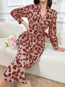 Modelyn Fashionable Leopard Print Wraparound Dress With Tie For Spring And Summer Maxi Women Outfit - Pink - View 6