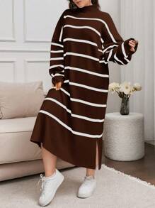 EURMUSE Plus Size Stand Collar Long Sleeve Striped Split Dress, Casual Daily Wear - Brown - View 1