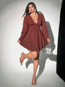 Viva Relle Plus Size Elegante Sexy Effen Diepe V-hals Pofmouw Mini Jurk