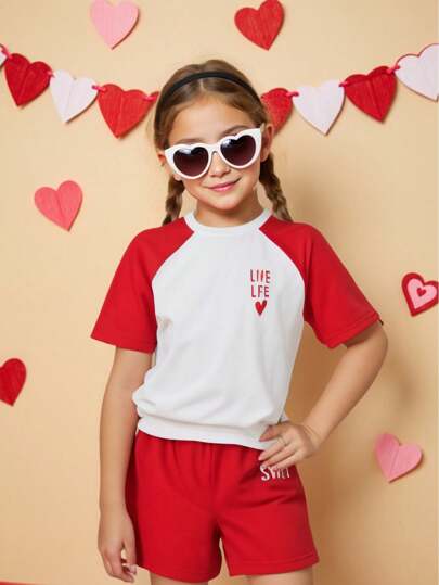 SHEIN 2pcs/Set Tween Girls Heart Print Splice Contrast Color Round Neck Short Sleeve Top And Casual Sports Shorts, Summer Fashion Activewear Set