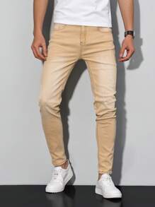 Manfinity Homme Men's Pocket Simple Slim-Fit Casual Jeans, Daily Wear - Khaki - View 4