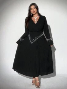 Viva Relle 大码女式优雅浪漫奢华派对节日长袖褶皱珍珠装饰黑色连衣裙 - 黑色 - 查看 5