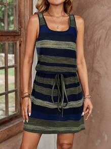 SHEIN LUNE Women's U-Neck Cinched Waist Colorful Striped Casual Vacation Tank Dress