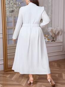 SHEIN Privé 大码女式优雅日常简约精致浪漫迷人通勤鸡尾酒会约会荷叶边泡泡袖收腰喇叭下摆长连衣裙，白色，春/秋 - 白色 - 查看 4