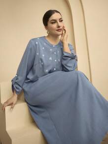 Graceveil Plus Size Fashion Embroidered Round Neck Elegant Dress - Blue - View 5