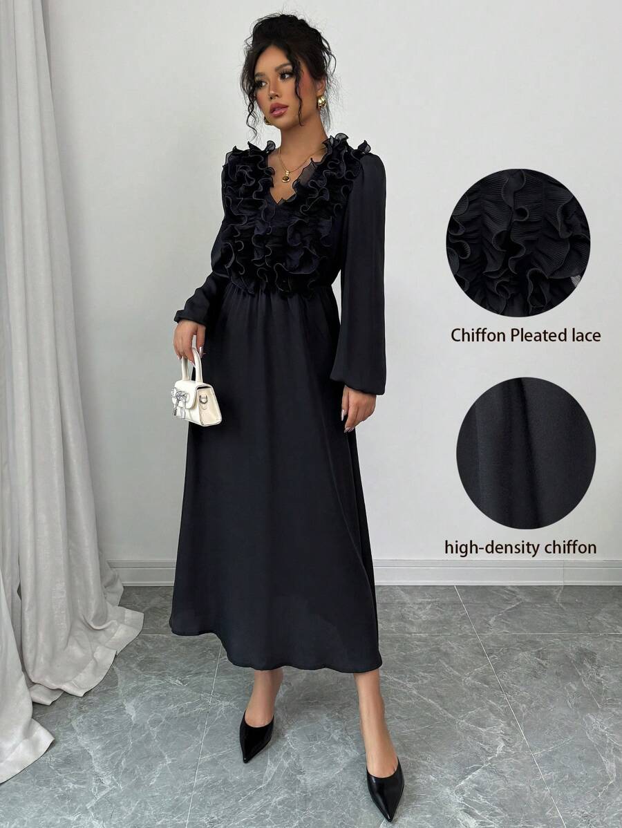 Elenzga Casual Romantic Boho Style Textured Ruffle Trim Women Long Sleeve Midi Dress, Chiffon Fabric' Fall Cloth For Women - Black - View 1
