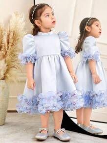 SHEIN 女婴立领短袖荷叶边缎面中长连衣裙 - 藍色 - 查看 7