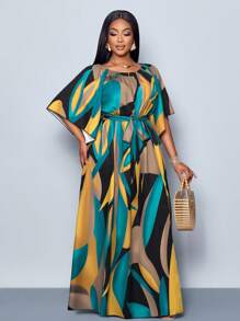 SOLERSUN New Spring And Summer Plus Size Resort Women's Casual Daily Wear Ruffle Sleeve Elastic Round Neck Waist Belt Slit Tropical Print Long Dress, Beach Outfits