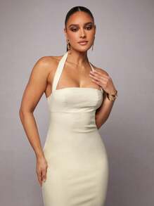 Silquee Solid Color Cream Romantic Valentine's Day & Date Night Vacation Women's Linen Color Pleated Hem Halter Dress, Valentine's Day Dress, Twill Party Dress, Romantic Date Dress, Wedding Bridesmaid Maxi Dress, Formal Ball Gown Dress, Casual Work Dress, White Dress, Birthday Maxi Dress, Vacation Dress,Sexy Office Wear,Old Money,Festival Outfits,Summer Classic,Old Money Style Maxi Dress,Twill Maxi Dress,Casual Office Maxi Dress,Linen Color Dress - White - View 6