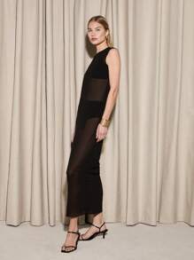 AiiRZ Sheer Mesh Column Maxi Dress Evening Party See Through Layered Sleeveless Long Dress With Built-In Undergarments Modern Elegant Design - Black - View 5