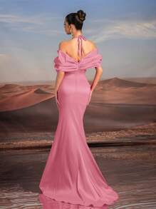 Glamrae Dây chuyền màu hồng thanh lịch và sang trọng với nơ phóng đại Đầm maxi đuôi cá cạp cao, Đầm dự tiệc cưới, Hoàn hảo cho các buổi hẹn hò, tiệc độc thân, đám cưới, sự kiện trang trọng, đầm dự tiệc, đầm dạ hội, váy dài - Bụi hồng - Xem 3