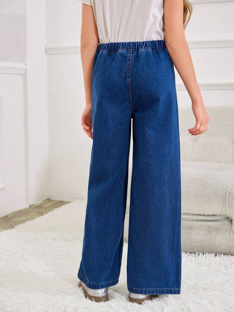Girls Y2K Style Washed Blue Wide Leg Casual Loose Fit Jeans With Decorative Ankle Patch, Simple Fashionable And Versatile Design For Daily Wear - Dark Wash - View 2