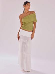 MUSERA Textured Mesh Detail Neckline Top Vacation Festival Boho Holiday Night Out Going Out Club Fall  Elegant Spring Summer - Olive Green - View 4