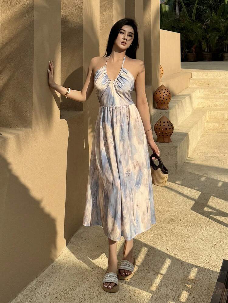 Tie-Dye Tie Dye Floral Print Long Spaghetti Strap Dress For Women Summer Cruise Women Outfits Sundress Vacation Outfits Women Boho