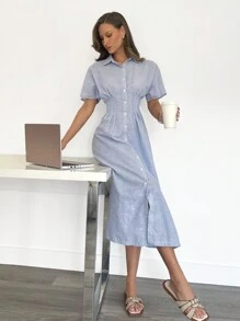 Siren Gaze 女士休闲通勤条纹腰衬衫裙 - 藍白色 - 查看 5