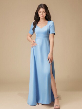 可爱甜美少女天蓝色优雅时尚短袖方领+小V领高腰不对称简约连衣裙