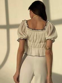 Aloruh Apricot Color Layered Contrast Trim Puff Sleeve Slim Fit Blouse For Women, Romantic Date Outfit