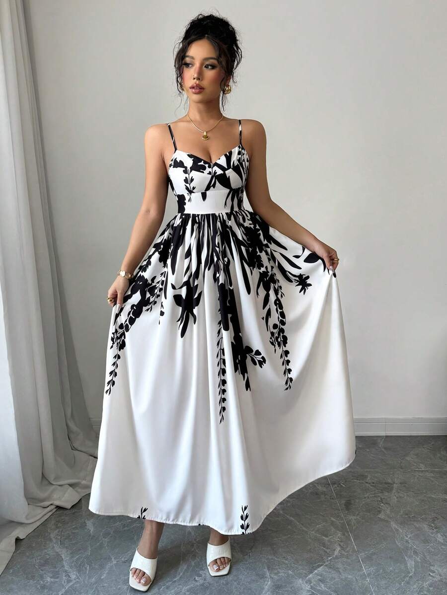 Chiquease Women's Asymmetrical Digital Print Spaghetti Strap Waisted Pleated Long Dress - Multicolor - View 1