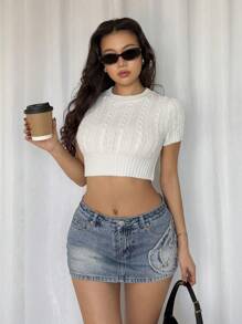 Chiquease Casual Fitted Hem Round Neck Short Sleeve Textured Knit Top, Spring Autumn