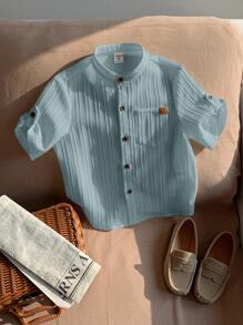 SHEIN LMoss Kids LMoss 1 件装年轻男孩休闲学院风舒适亚麻立领贴袋百搭百搭衬衫 - 霧霾藍 - 查看 5