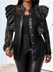 SHEIN Lady Spring And Summer Autumn And Winter Elegant Women's Black Lace Ruffled PU Patchwork Buttoned Cardigan Jacket Fall - Black - View 5